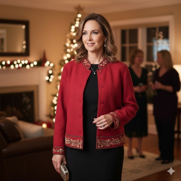 Vintage Talbots Stunning Red Wool Jewel Beaded Blazer Jacket Womens Size XL - Picture 1 of 11